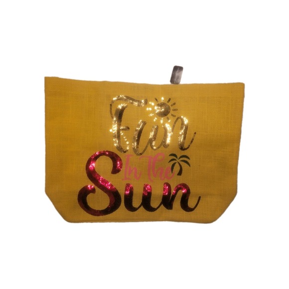 Kendall+James Bright Yellow Natural Jute Tote Bag W/Fun In The Sun In Sequins - Picture 8 of 9